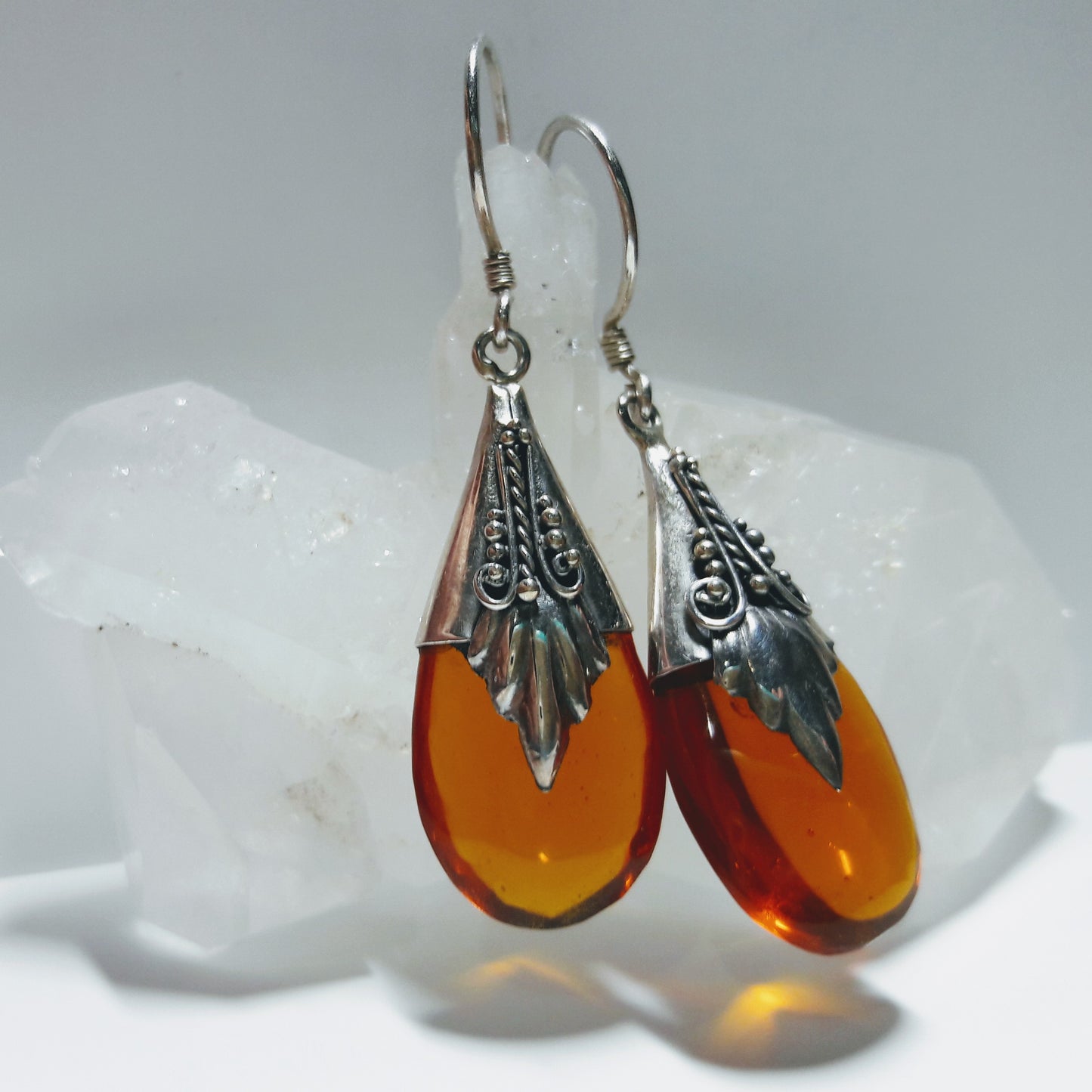 Sterling Silver and Amber Raindrop Earrings