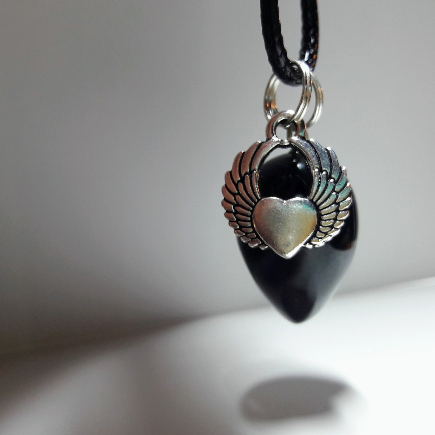 "Free to Fly" Winged Heart and Natural Black Onyx Pendulum Necklace Set