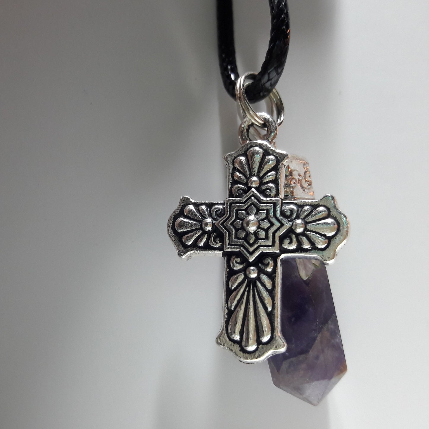 Natural Amethyst and Pewter Talavera Cross Pendant & Necklace Set