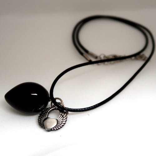 "Free to Fly" Winged Heart and Natural Black Onyx Pendulum Necklace Set