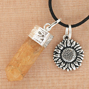 Natural Yellow Aventurine and Pewter Sunflower Necklace Set