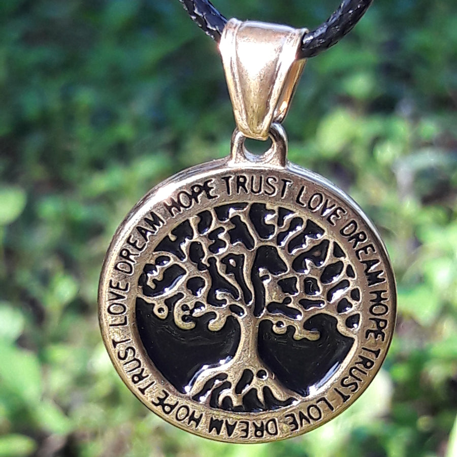 Intention Words Tree of Life Pendant - Gold Toned Stainless Steel