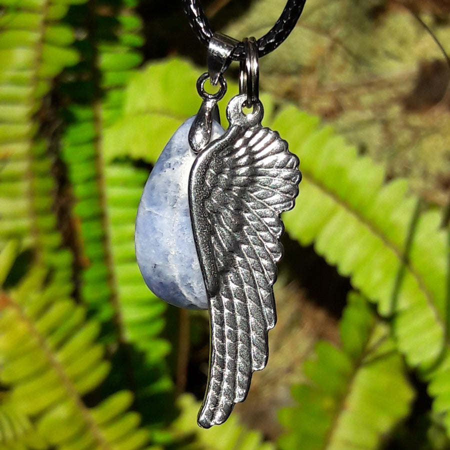 "Talk to Angels" Stainless Steel Angel Wing and Natural Sodalite Stone Necklace Set