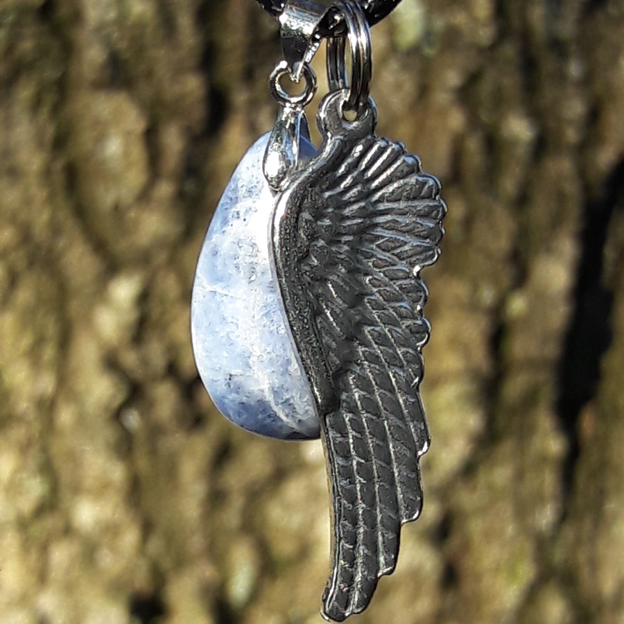 "Talk to Angels" Stainless Steel Angel Wing and Natural Sodalite Stone Necklace Set