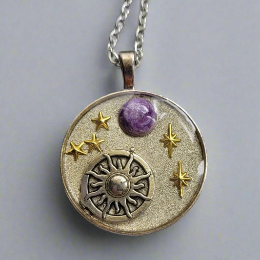 Charoite Sun, Moon, and Stars Amulet by Doe Zantamata