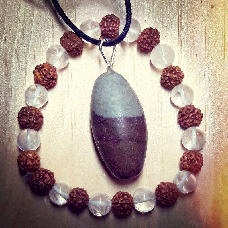"Harmonious Balance" Natural Shiva Lingam Necklace and Rudraksha Seed and Quartz Crystal Bracelet Set