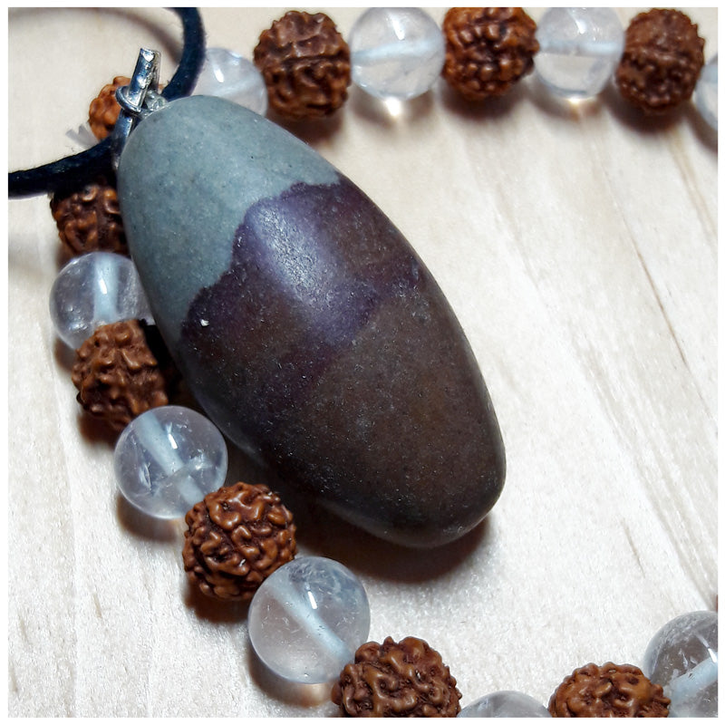 "Harmonious Balance" Natural Shiva Lingam Necklace and Rudraksha Seed and Quartz Crystal Bracelet Set