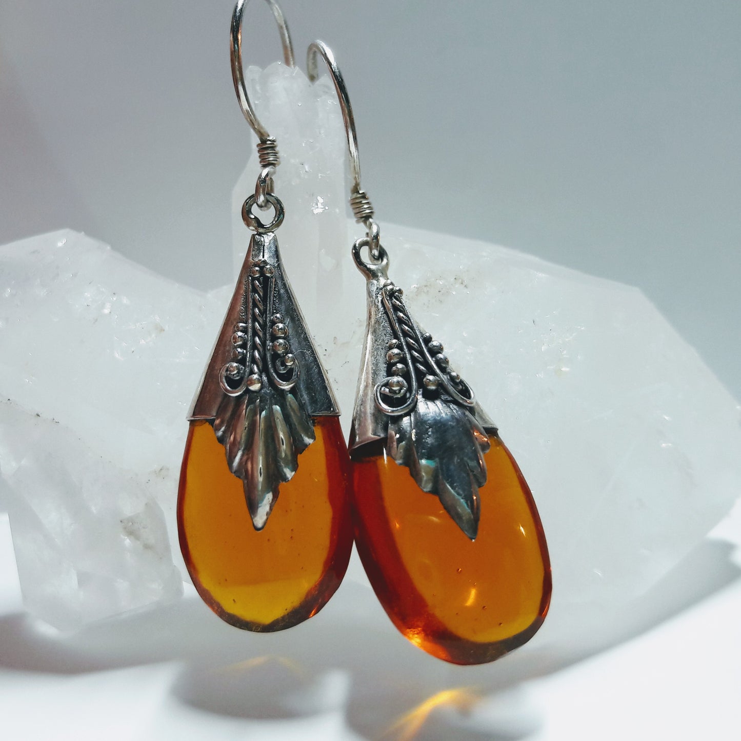 Sterling Silver and Amber Raindrop Earrings