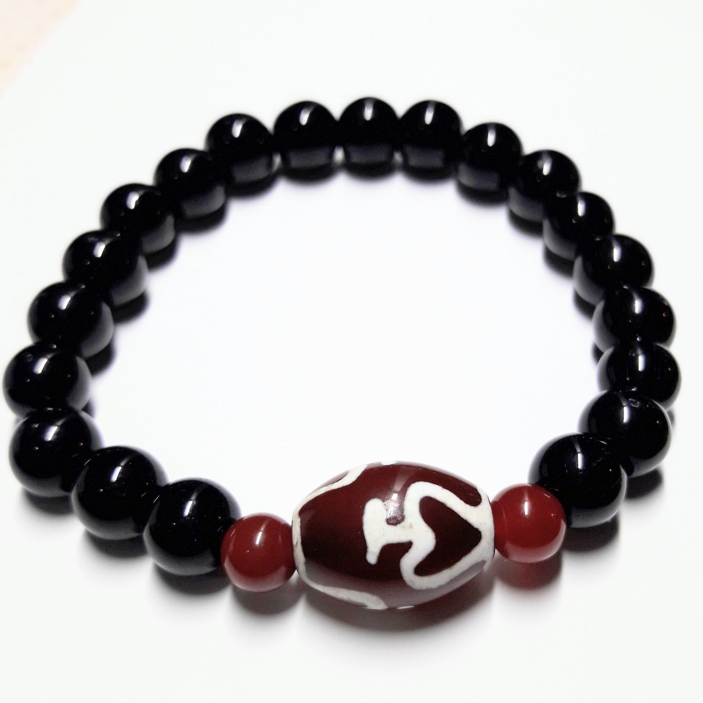 Tibetan Glass Nectar dZi bead with Red Aventurine and Black Glass Bracelet