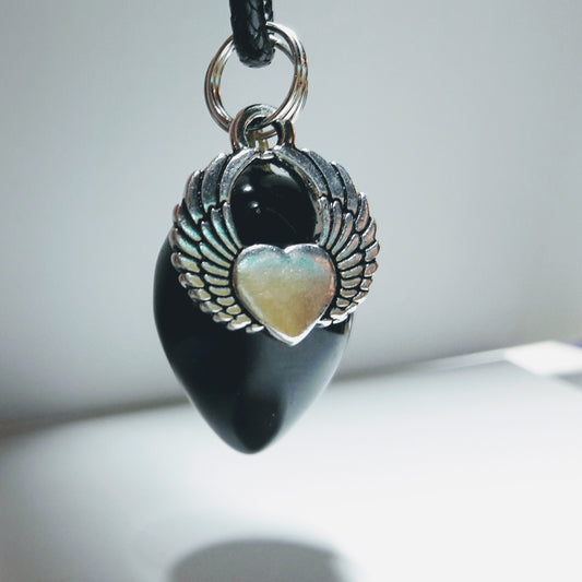 "Free to Fly" Winged Heart and Natural Black Onyx Pendulum Necklace Set