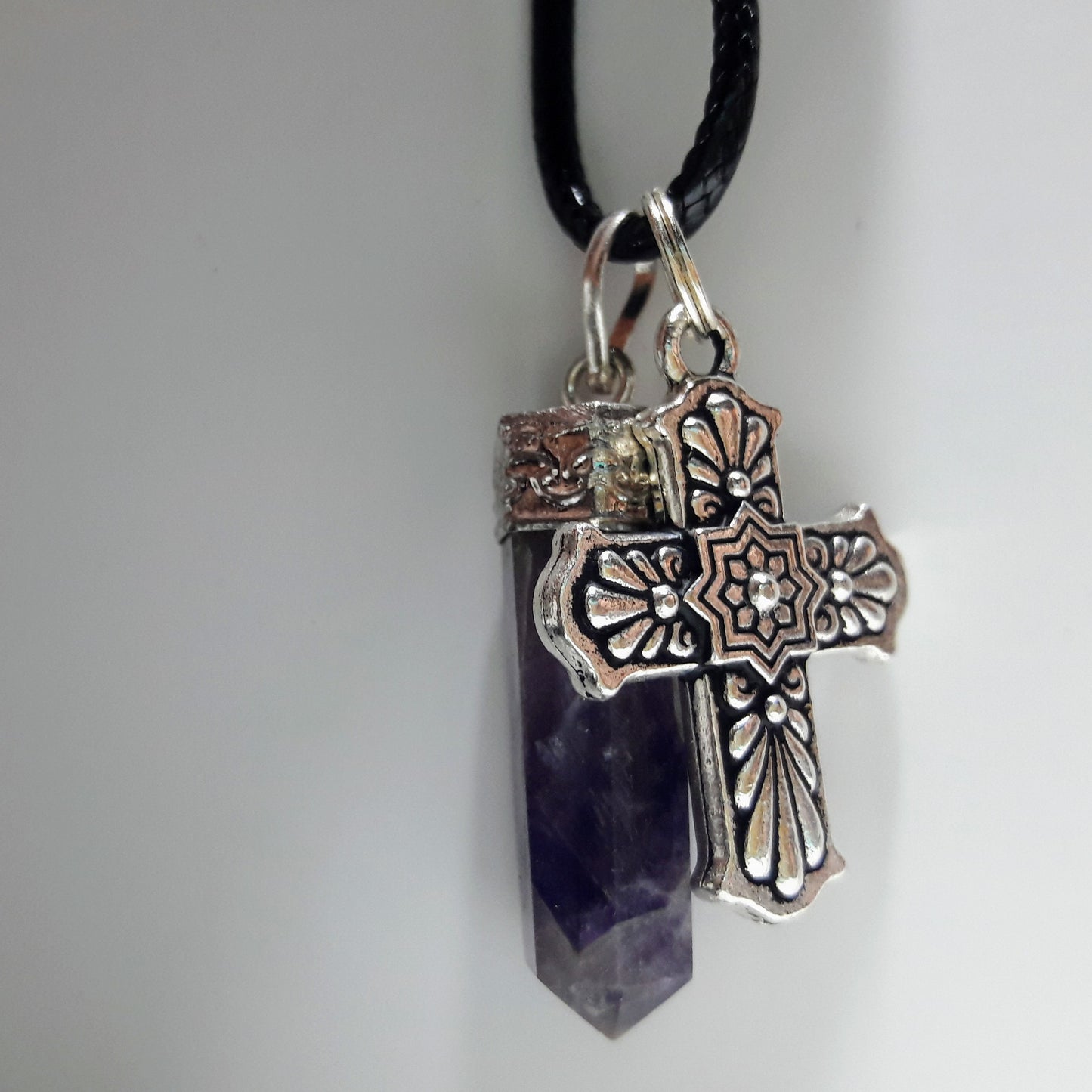 Natural Amethyst and Pewter Talavera Cross Pendant & Necklace Set