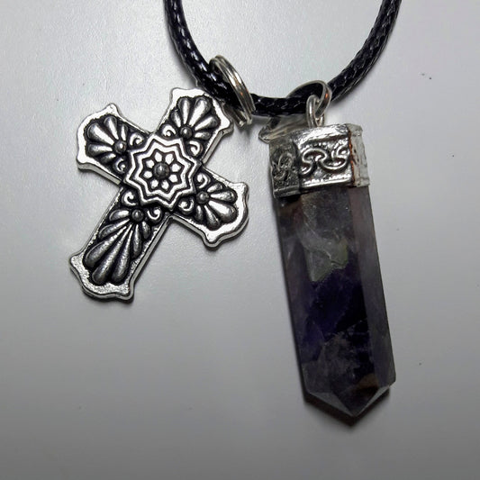 Natural Amethyst and Pewter Talavera Cross Pendant & Necklace Set