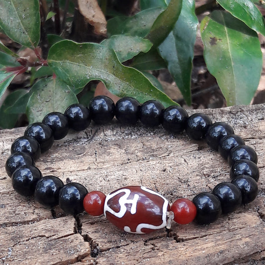 Tibetan Glass Nectar dZi bead with Red Aventurine and Black Glass Bracelet