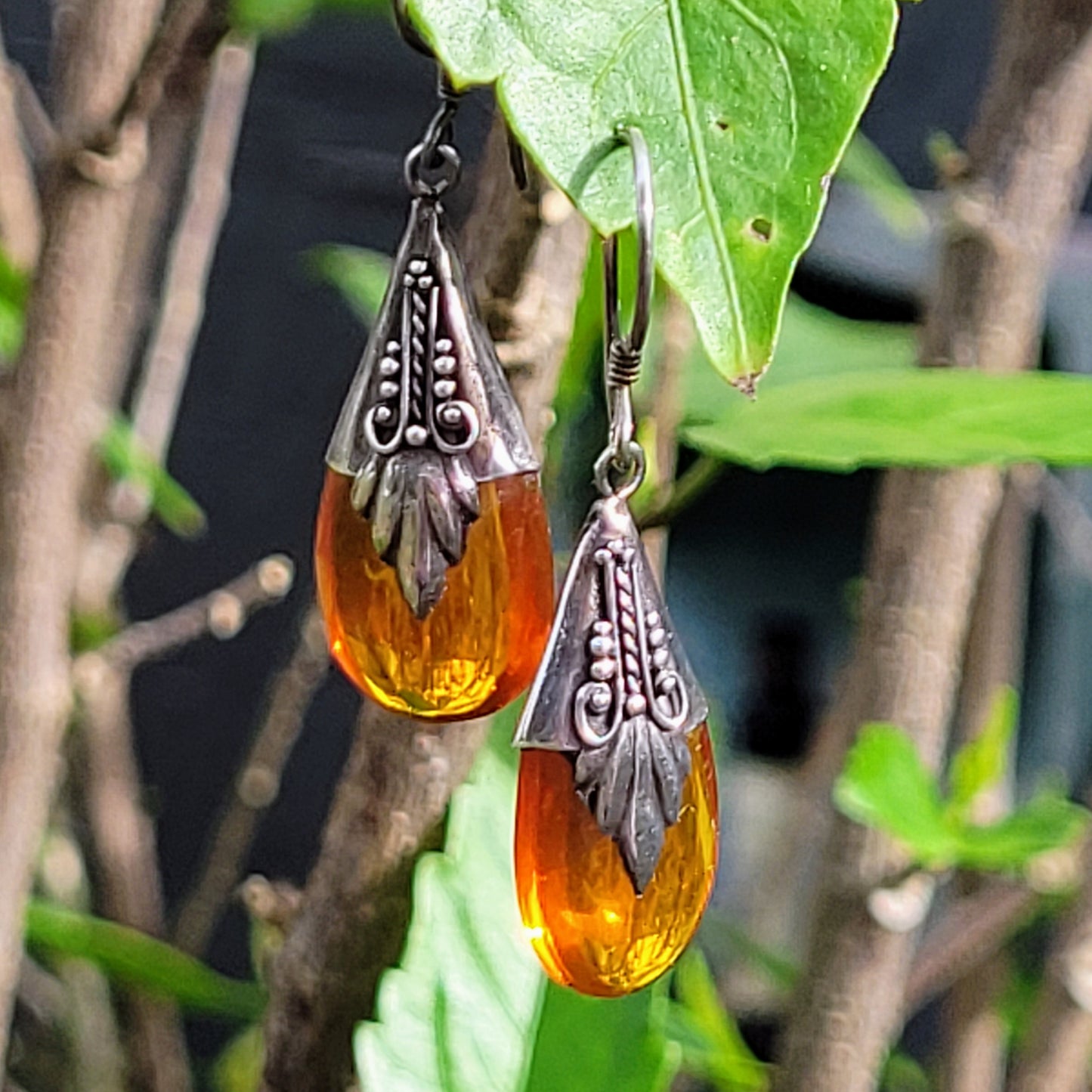 Sterling Silver and Amber Raindrop Earrings