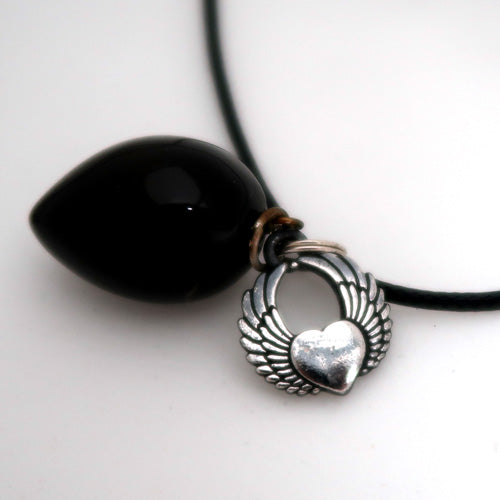 "Free to Fly" Winged Heart and Natural Black Onyx Pendulum Necklace Set