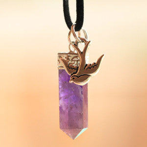 Natural Amethyst and Pewter Swallow Pendant & Necklace Set