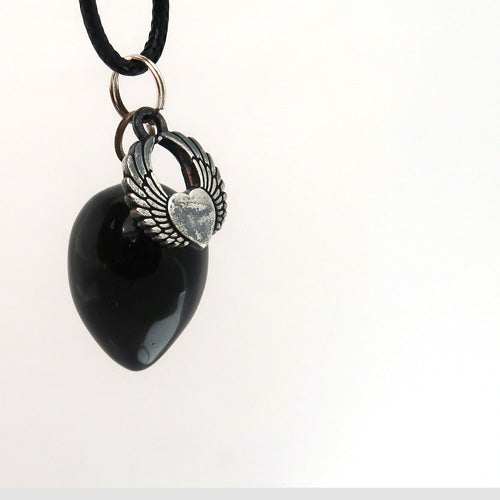 "Free to Fly" Winged Heart and Natural Black Onyx Pendulum Necklace Set