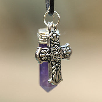 Natural Amethyst and Pewter Talavera Cross Pendant & Necklace Set