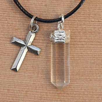 Natural Quartz Crystal Pendant and Silver Toned Pewter Cross Necklace Set