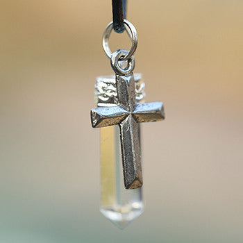 Natural Quartz Crystal Pendant and Silver Toned Pewter Cross Necklace Set