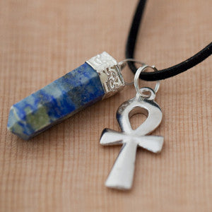 Natural Lapis Lazuli Pendant and Silver Toned Pewter Ankh Necklace Set