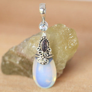 Opalite Moonstone, Amethyst, and Aquamarine Sterling Silver Pendant