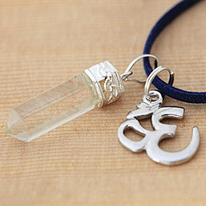Natural Quartz Crystal Pendant and Silver Toned Pewter Om Necklace Set