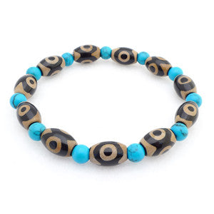Tibetan dZi 3 Eyes Beads with Simulated Turquoise Bracelet