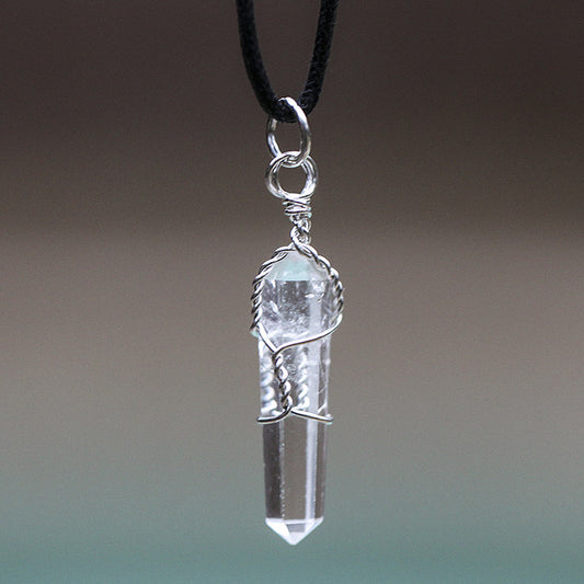 Wire Wrapped Natural Quartz Crystal Pendant and Necklace