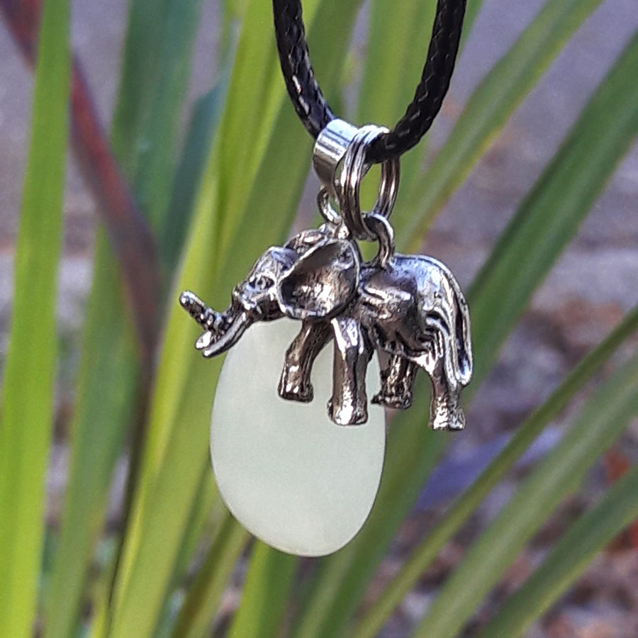 "Peaceful Abundance" Elephant and Natural Serpentine Stone Necklace Set