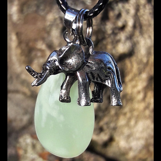 "Peaceful Abundance" Elephant and Natural Serpentine Stone Necklace Set