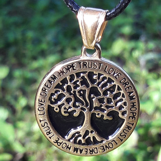 Intention Words Tree of Life Pendant - Gold Toned Stainless Steel