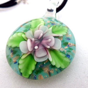 Pink Lotus Flower Wearable Art Handmade Glass Pendant and  Necklace