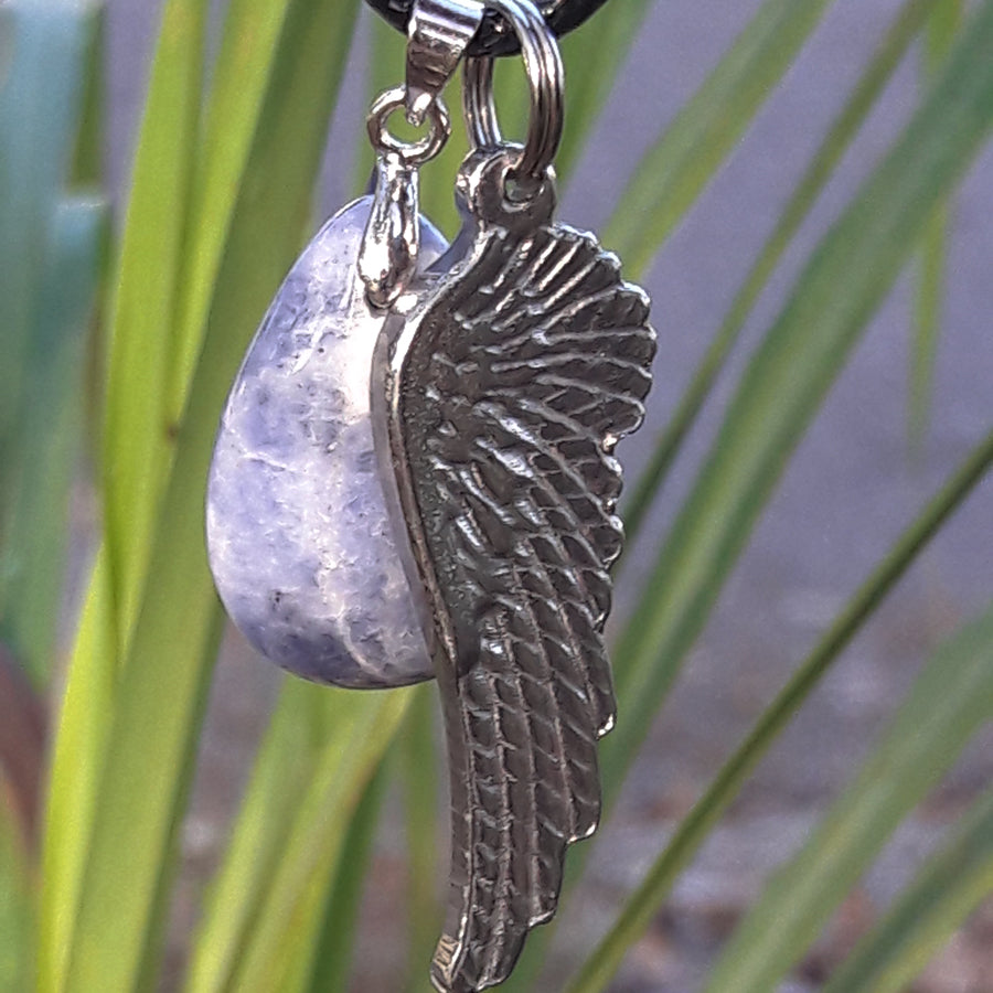 "Talk to Angels" Stainless Steel Angel Wing and Natural Sodalite Stone Necklace Set