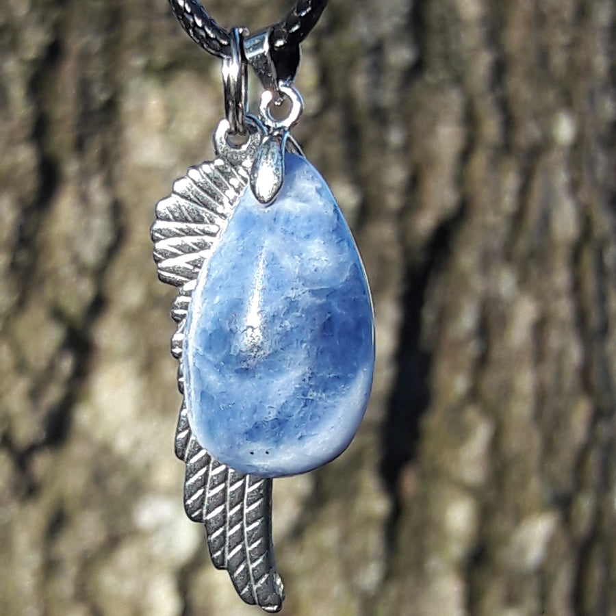 "Talk to Angels" Stainless Steel Angel Wing and Natural Sodalite Stone Necklace Set