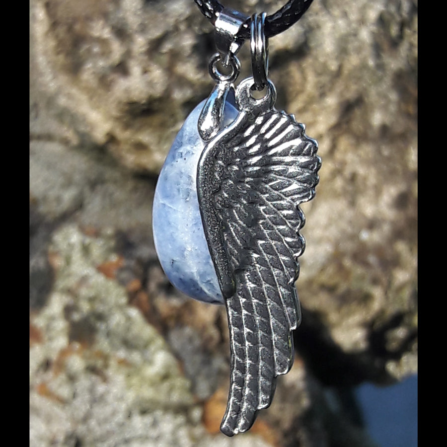 "Talk to Angels" Stainless Steel Angel Wing and Natural Sodalite Stone Necklace Set